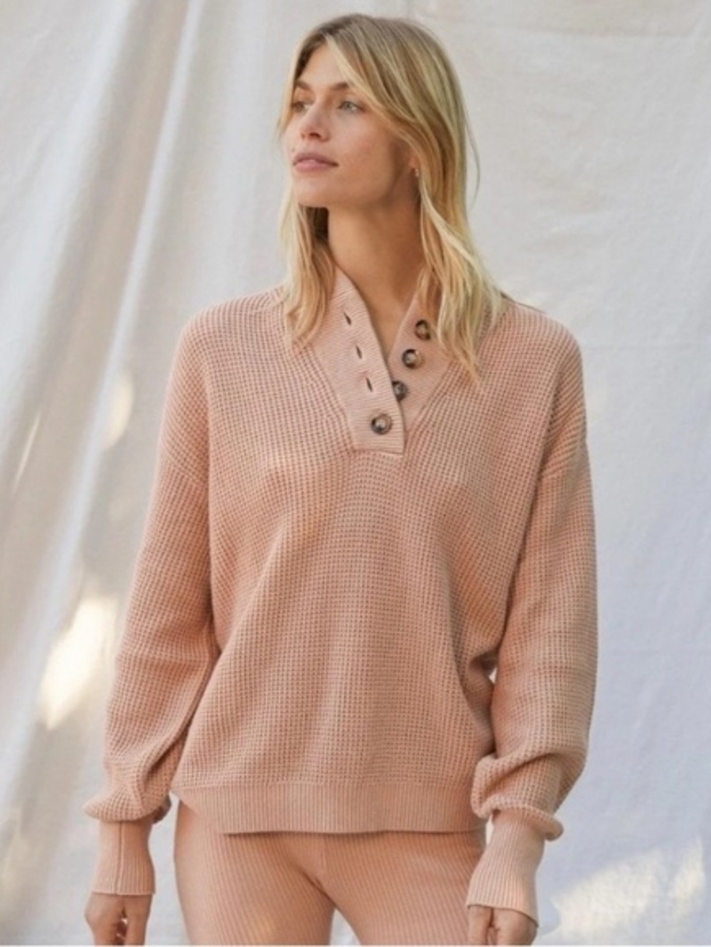 Lunya Cozy Cotton Silk Waffle Henley sweater Size M